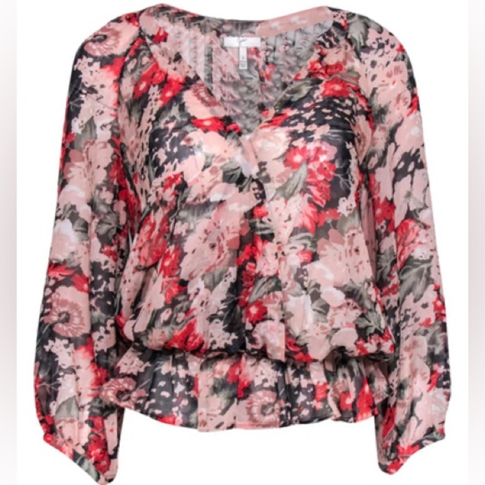 Joie 100% Silk Black & Pink Rose Floral Print Blouse Top Flowy 3/4 sleeves Sz S